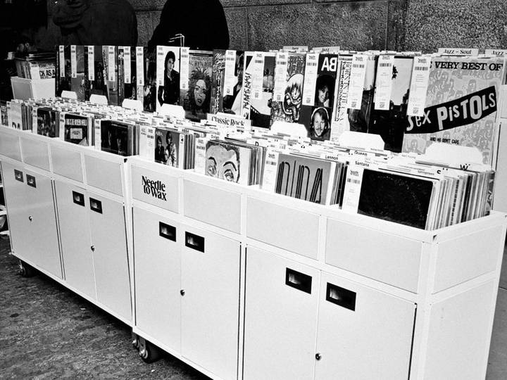 Needle to Wax records filed in crates, ready for market